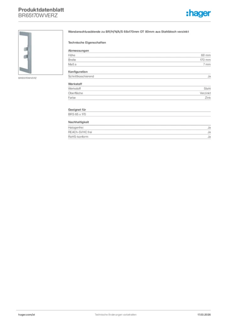 Bild Hager Produktdatenblatt BR65170WVERZ | Hager Deutschland