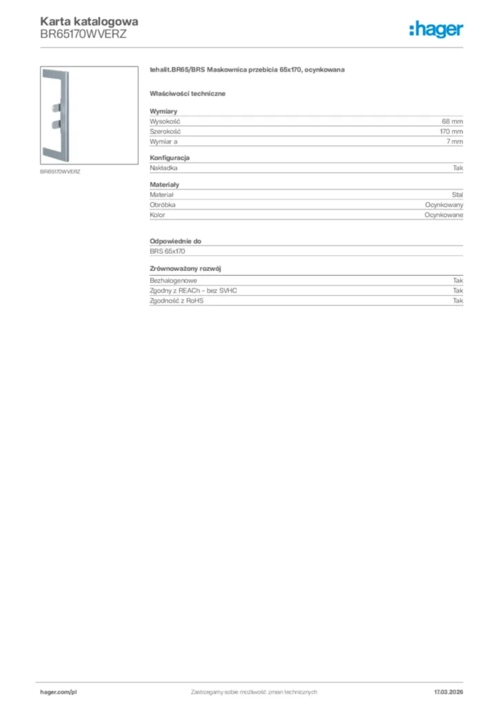 Zdjęcie Hager Karta katalogowa BR65170WVERZ | Hager Polska