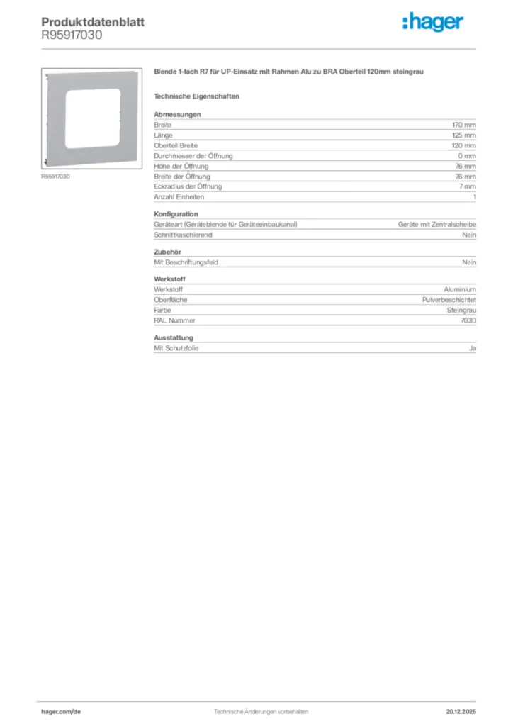 Bild Hager Produktdatenblatt R95917030 | Hager Deutschland
