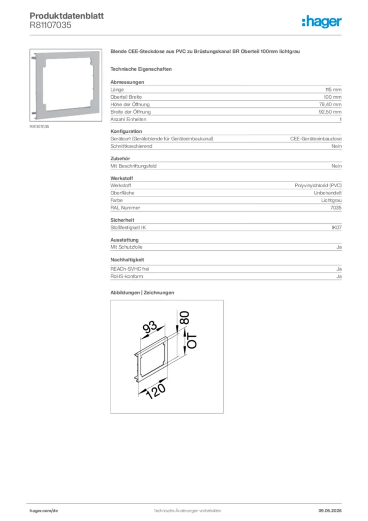 Produktbild von Hager Tehalit Geräteblende R81107035 – Lichtgrau RAL7035 Für BR130