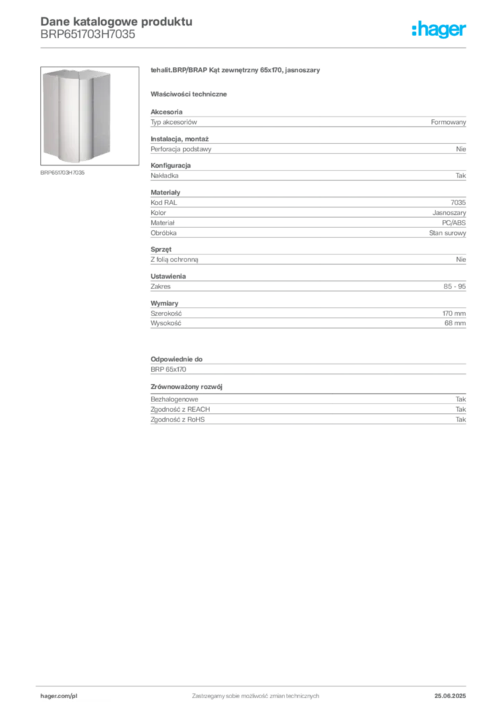 Zdjęcie Hager Dane katalogowe produktu BRP651703H7035 | Hager Polska