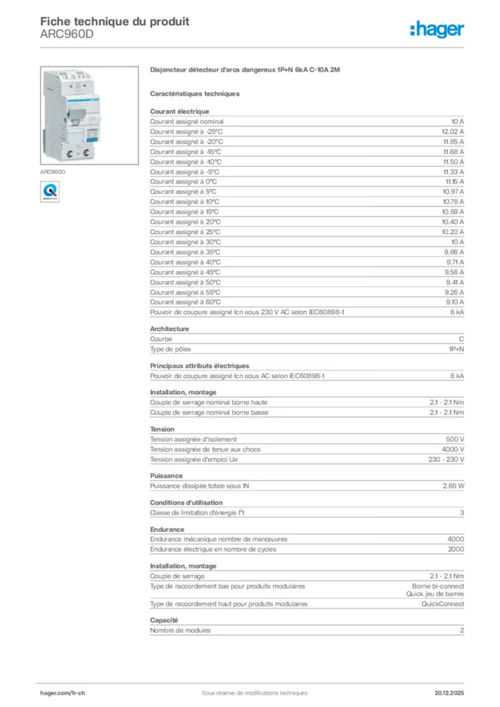 Image Hager Fiche technique du produit ARC960D | Hager Suisse
