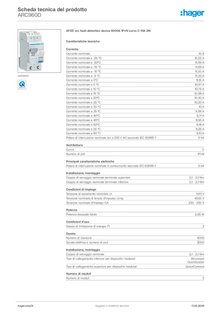 Immagine Hager Scheda tecnica del prodotto ARC960D | Hager Italia