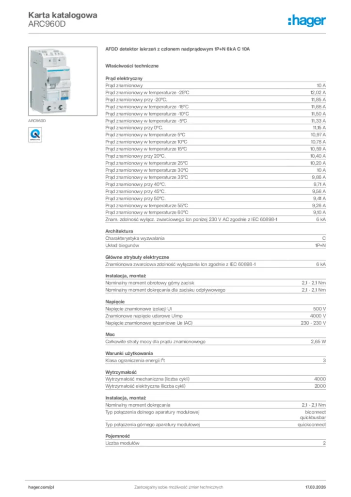 Zdjęcie Hager Karta katalogowa ARC960D | Hager Polska