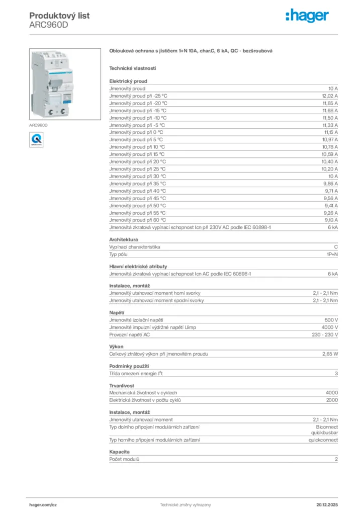 Obrázek Hager Produktový list ARC960D | Hager