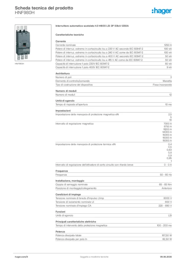 Immagine Hager Scheda tecnica del prodotto HNF980H | Hager Italia