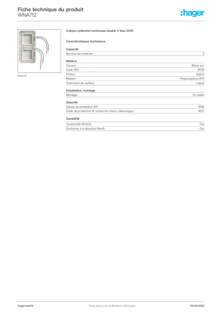 Image Hager Fiche technique du produit WNA712 | Hager France
