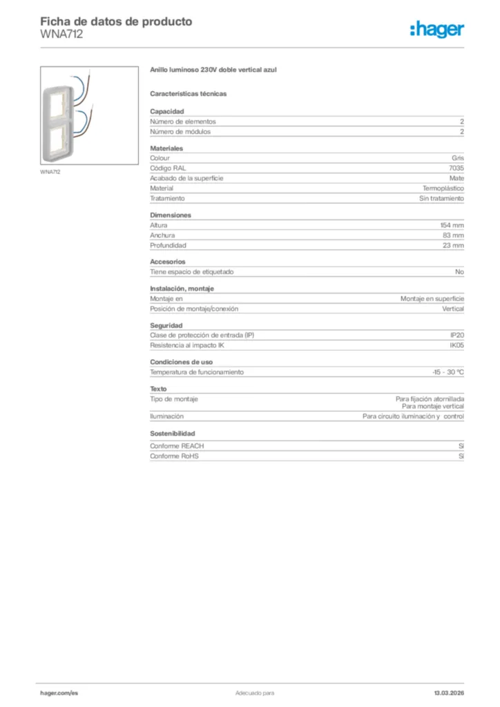 Imagen Hager Ficha de datos de producto WNA712 | Hager España