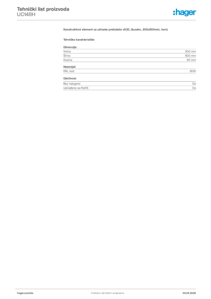 Slika Hager Tehnički list proizvoda UC148H  | Hager
