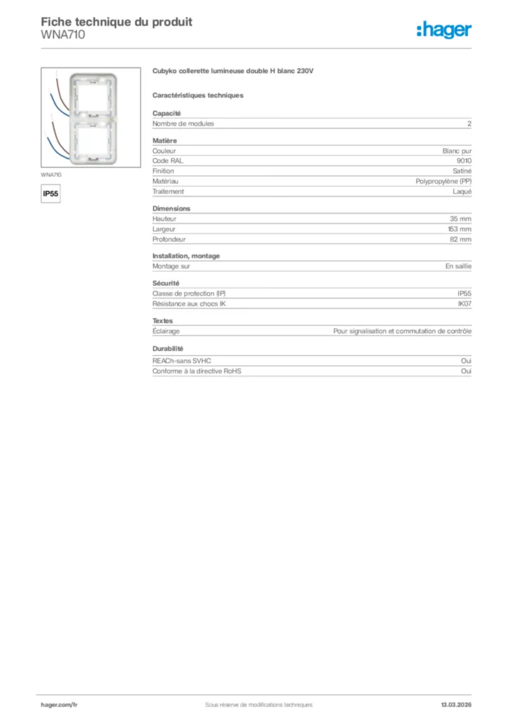 Image Hager Fiche technique du produit WNA710 | Hager France
