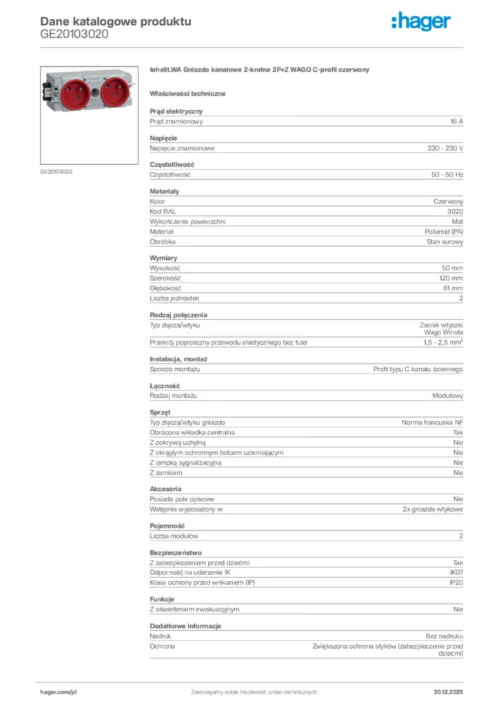Zdjęcie Hager Dane katalogowe produktu GE20103020 | Hager Polska