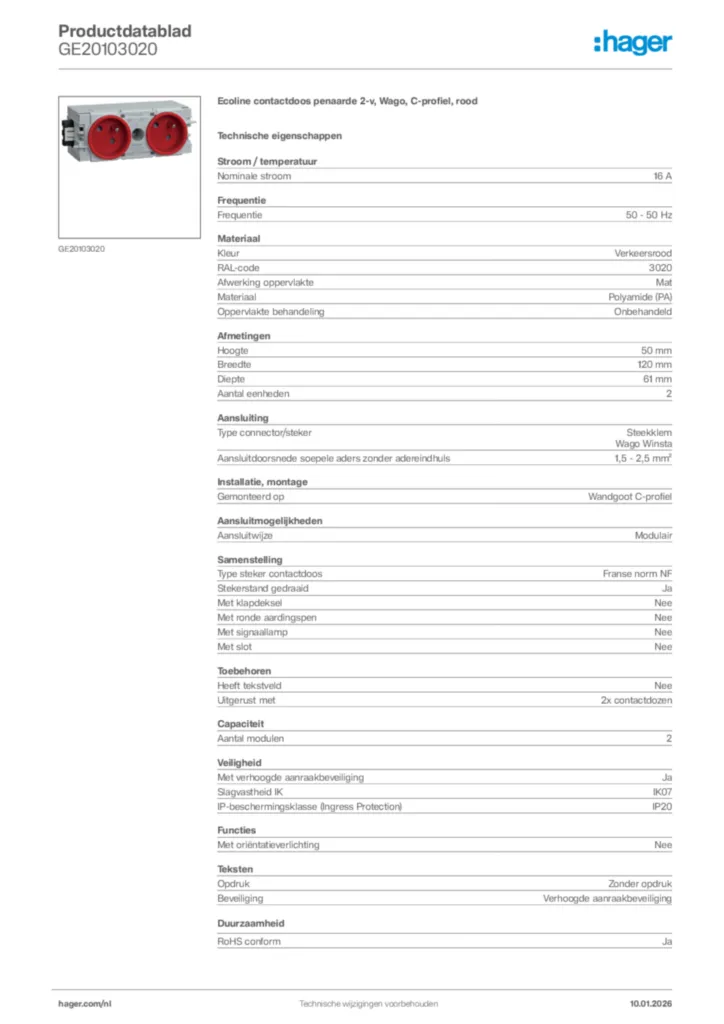 Afbeelding Hager Productdatablad GE20103020 | Hager Nederland