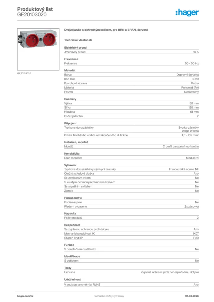 Obrázek Hager Product data sheet GE20103020 | Hager