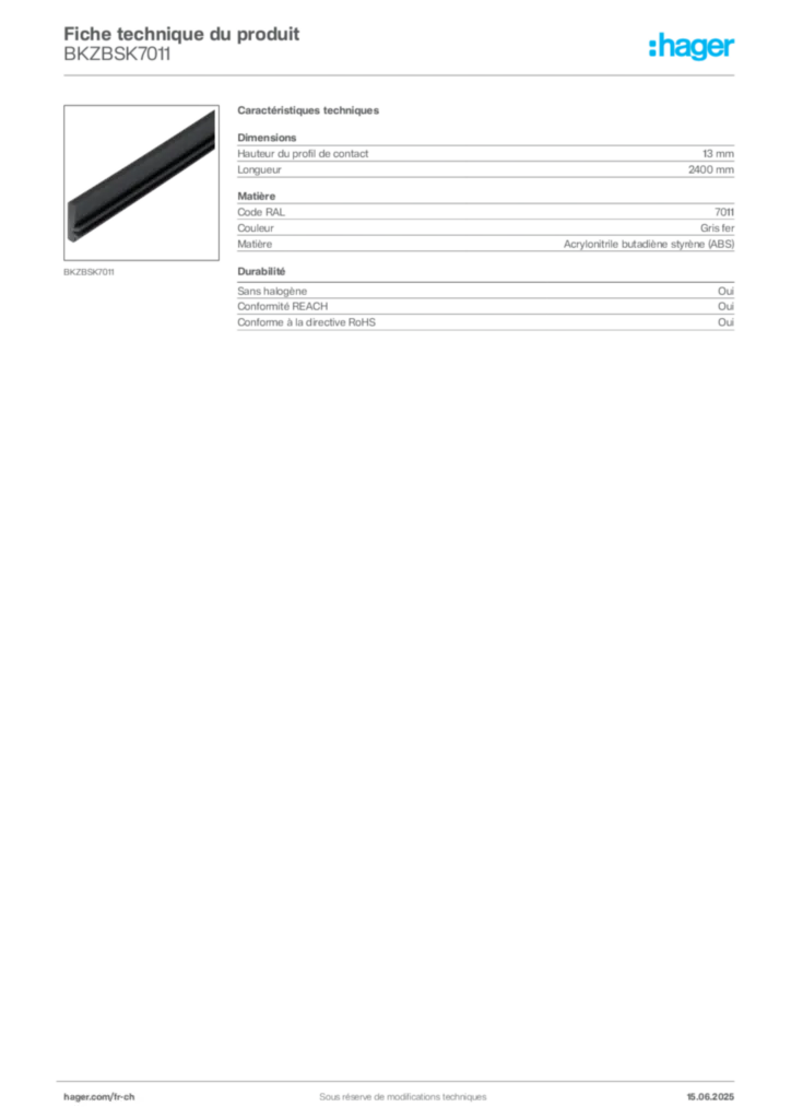 Image Hager Fiche technique du produit BKZBSK7011 | Hager Suisse