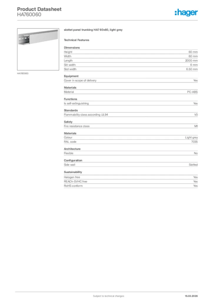 Image Hager Product data sheet HA760060  | Hager Africa