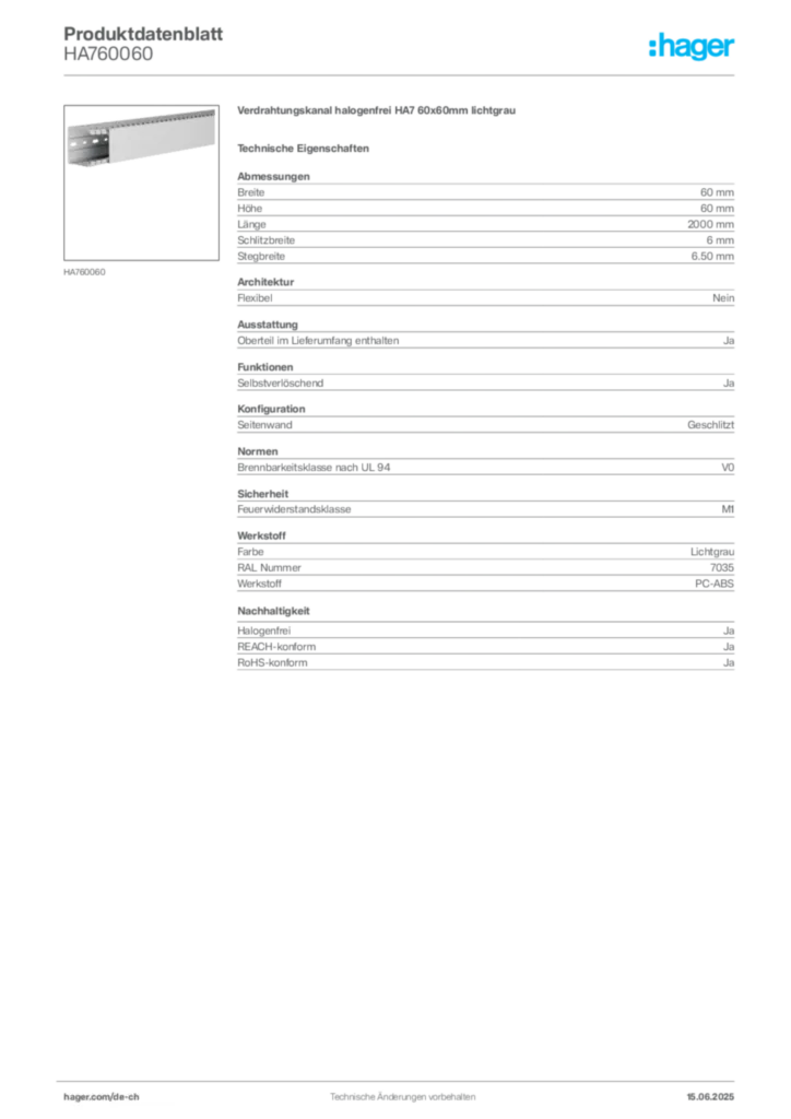 Bild Hager Produktdatenblatt HA760060 | Hager Schweiz