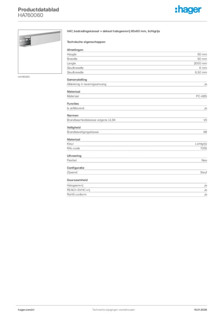 Afbeelding Hager Productdatablad HA760060 | Hager Nederland
