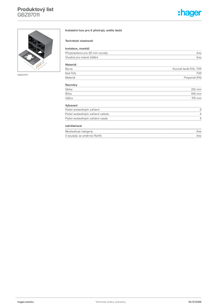 Obrázek Hager Produktový list GBZ87011 | Hager