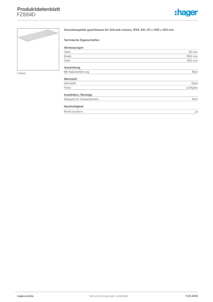 Bild Hager Produktdatenblatt FZ884D | Hager Deutschland
