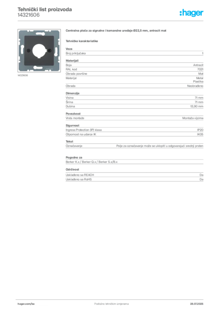 Slika Hager Product data sheet 14321606  | Hager