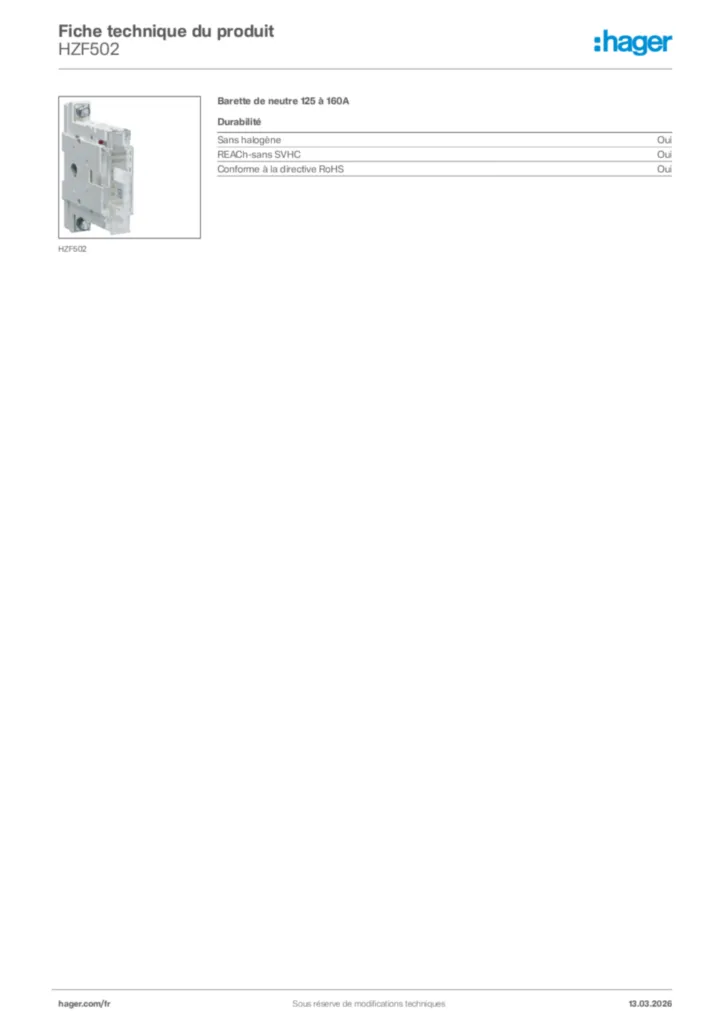 Image Hager Fiche technique du produit HZF502 | Hager France