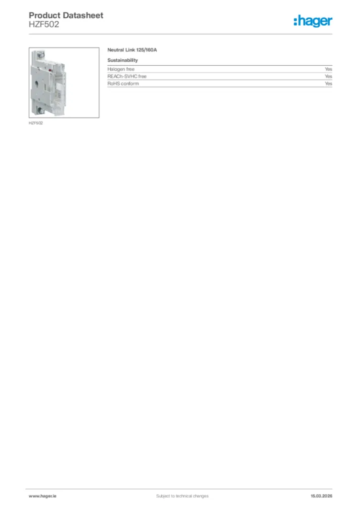 Image Hager Product data sheet HZF502  | Hager