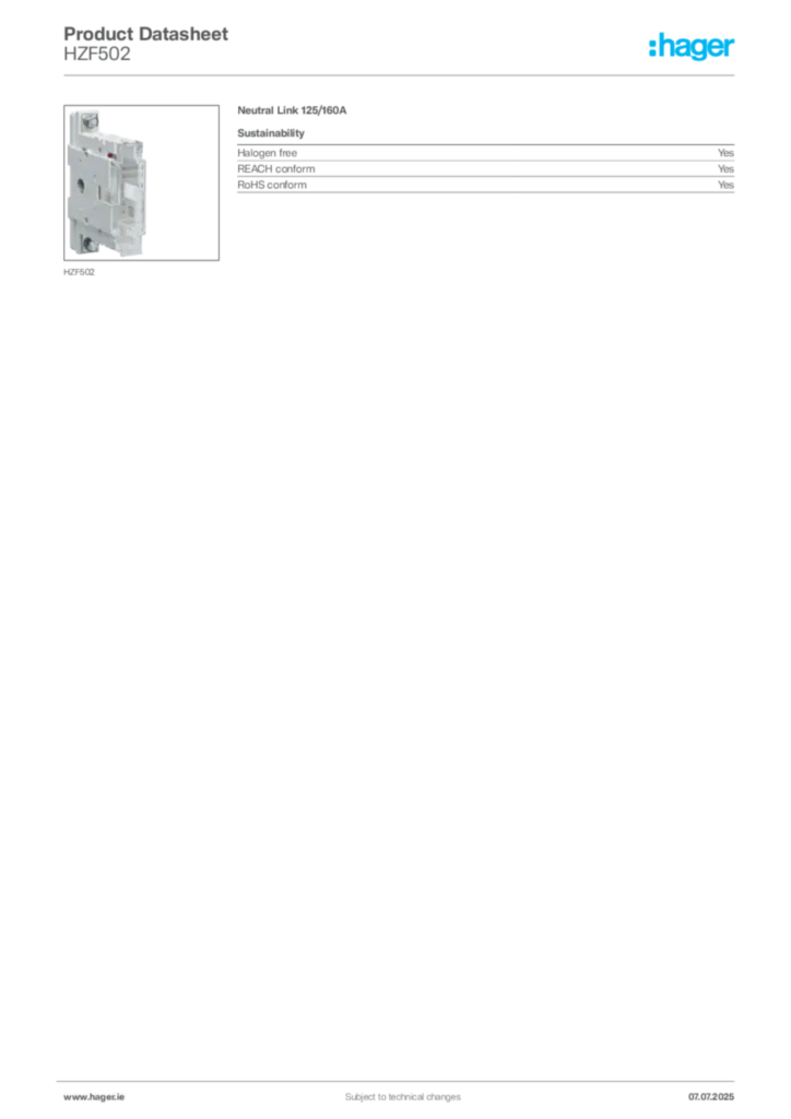 Image Hager Product data sheet HZF502  | Hager