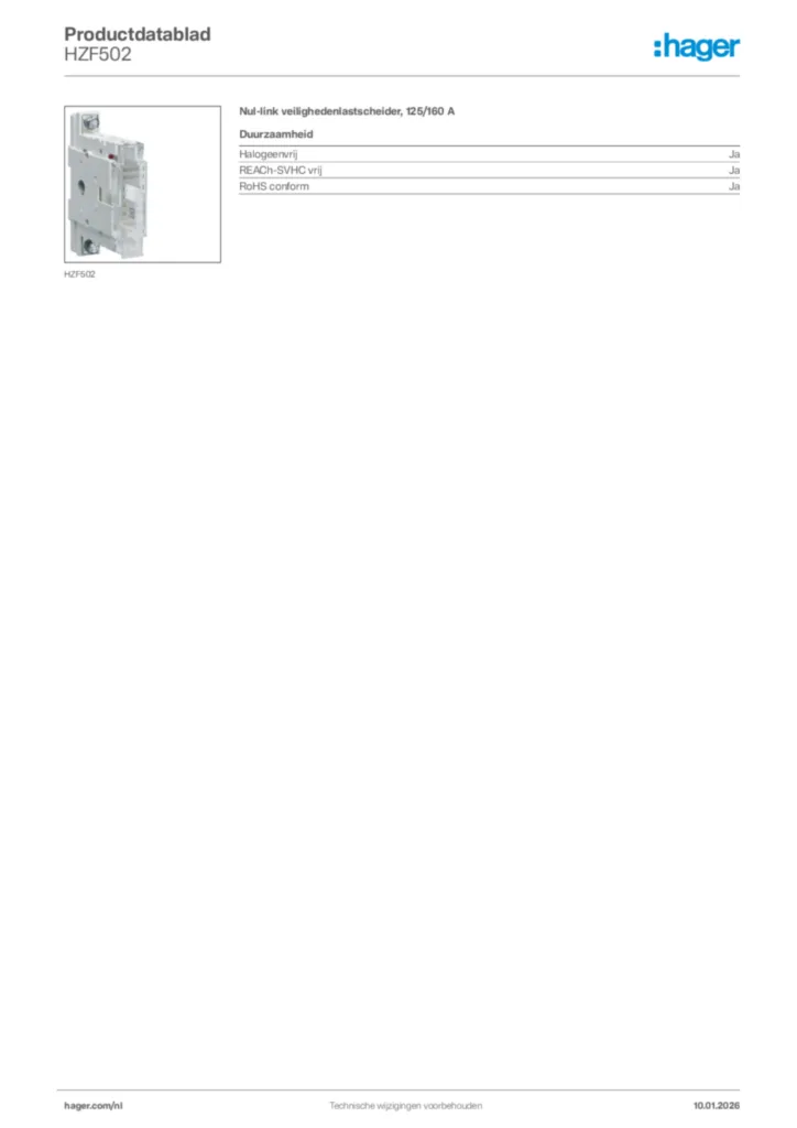 Afbeelding Hager Productdatablad HZF502 | Hager Nederland