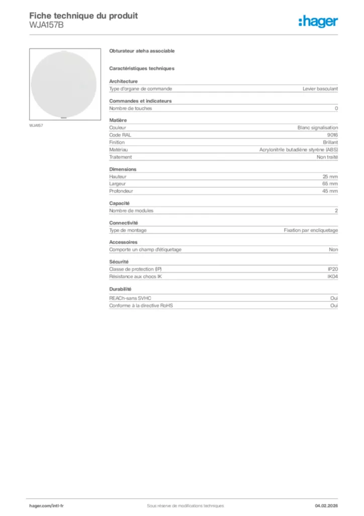 Image Hager Fiche technique du produit WJA157B | Hager Afrique