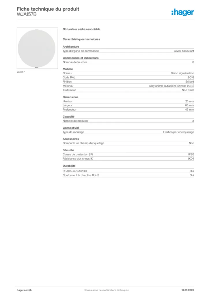 Image Hager Fiche technique du produit WJA157B | Hager France