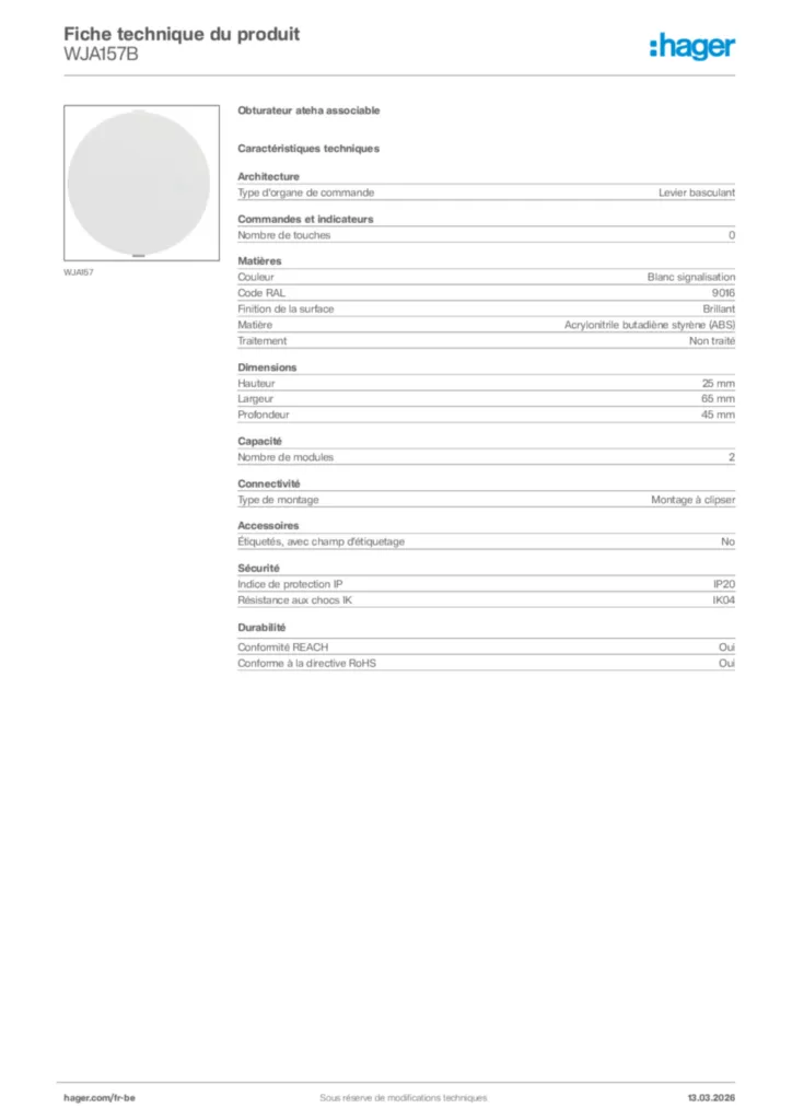 Image Hager Fiche technique du produit WJA157B | Hager Belgique