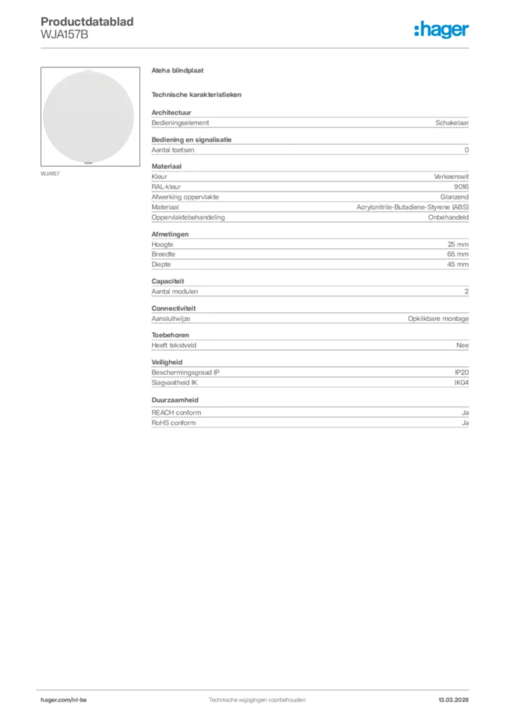 Afbeelding Hager Productdatablad WJA157B | Hager Belgium