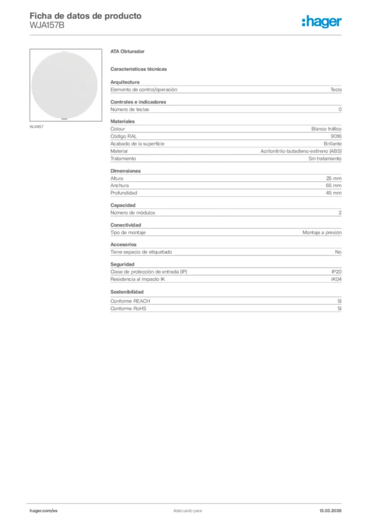 Imagen Hager Ficha de datos de producto WJA157B | Hager España