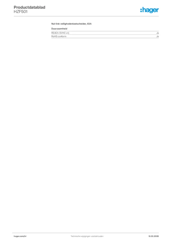 Afbeelding Hager Productdatablad HZF501 | Hager Nederland