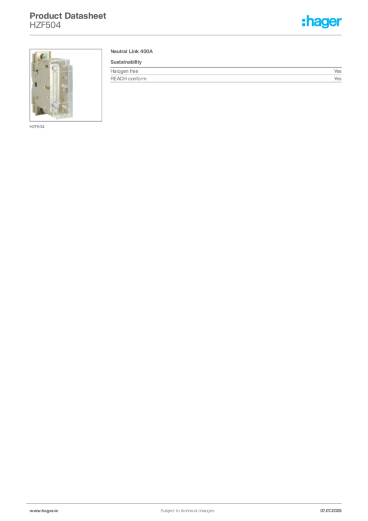 Image Hager Product data sheet HZF504  | Hager