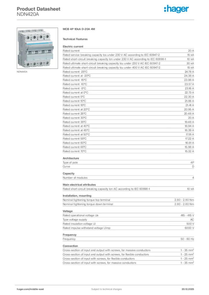 Image Hager Product data sheet NDN420A  | Hager