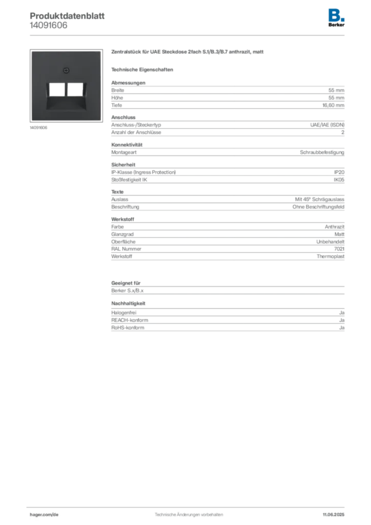 Bild Berker Produktdatenblatt 14091606 | Hager Deutschland