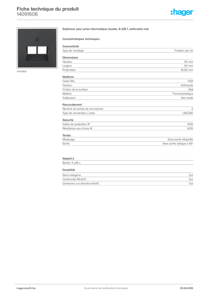 Image Hager Fiche technique du produit 14091606 | Hager Belgique