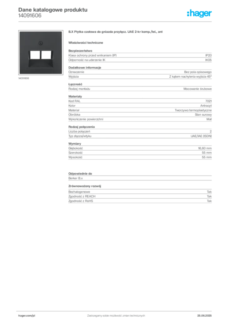 Zdjęcie Hager Dane katalogowe produktu 14091606 | Hager Polska