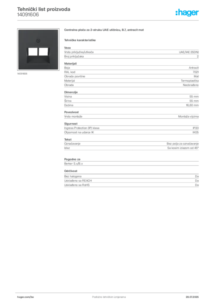 Slika Hager Product data sheet 14091606  | Hager
