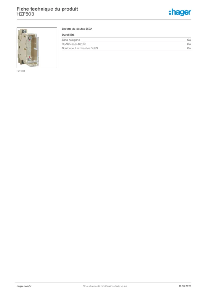 Image Hager Fiche technique du produit HZF503 | Hager France