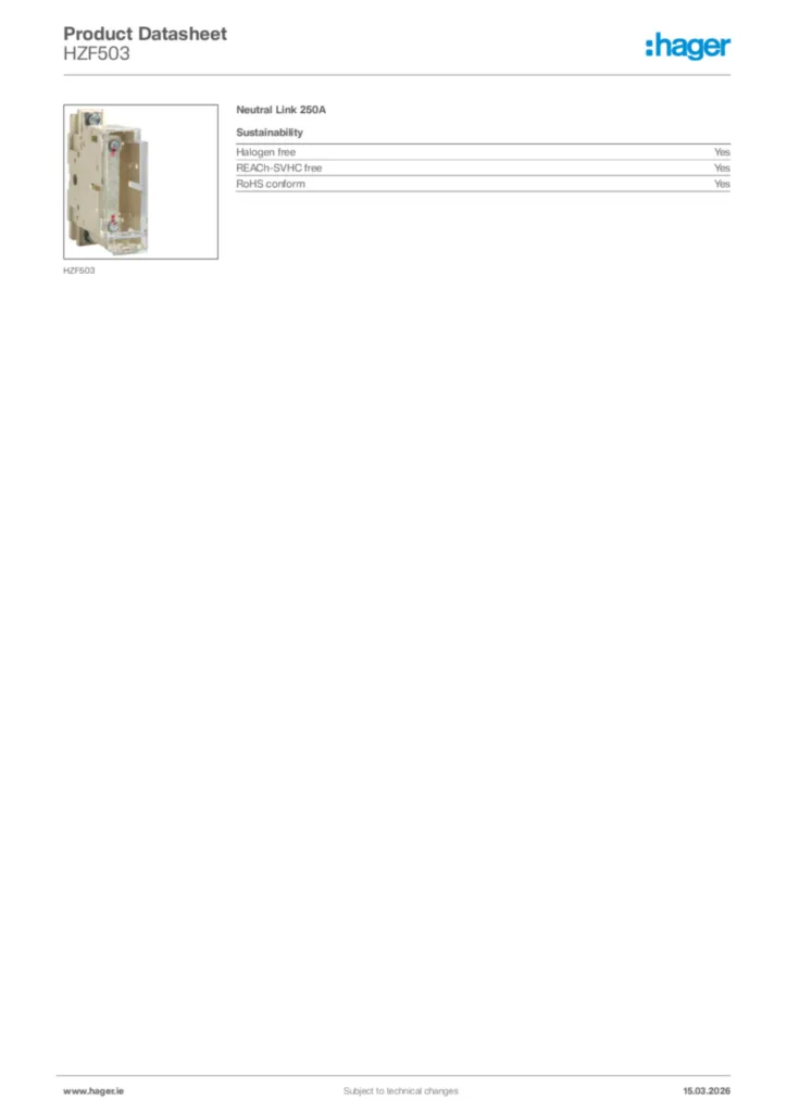 Image Hager Product data sheet HZF503  | Hager