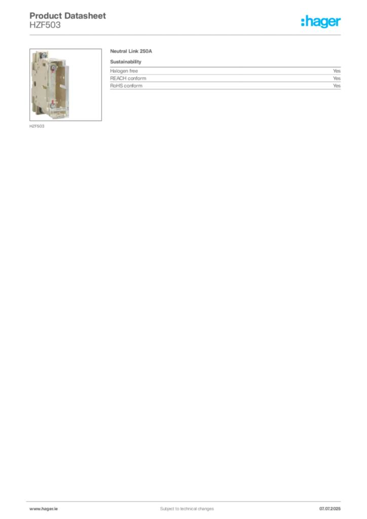Image Hager Product data sheet HZF503  | Hager