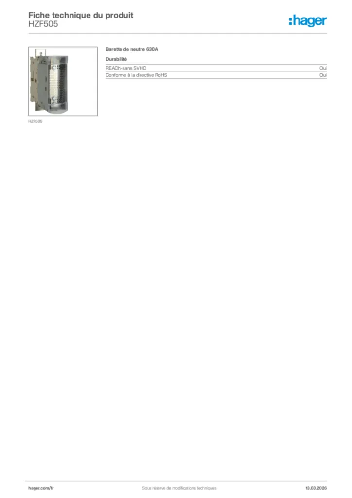 Image Hager Fiche technique du produit HZF505 | Hager France