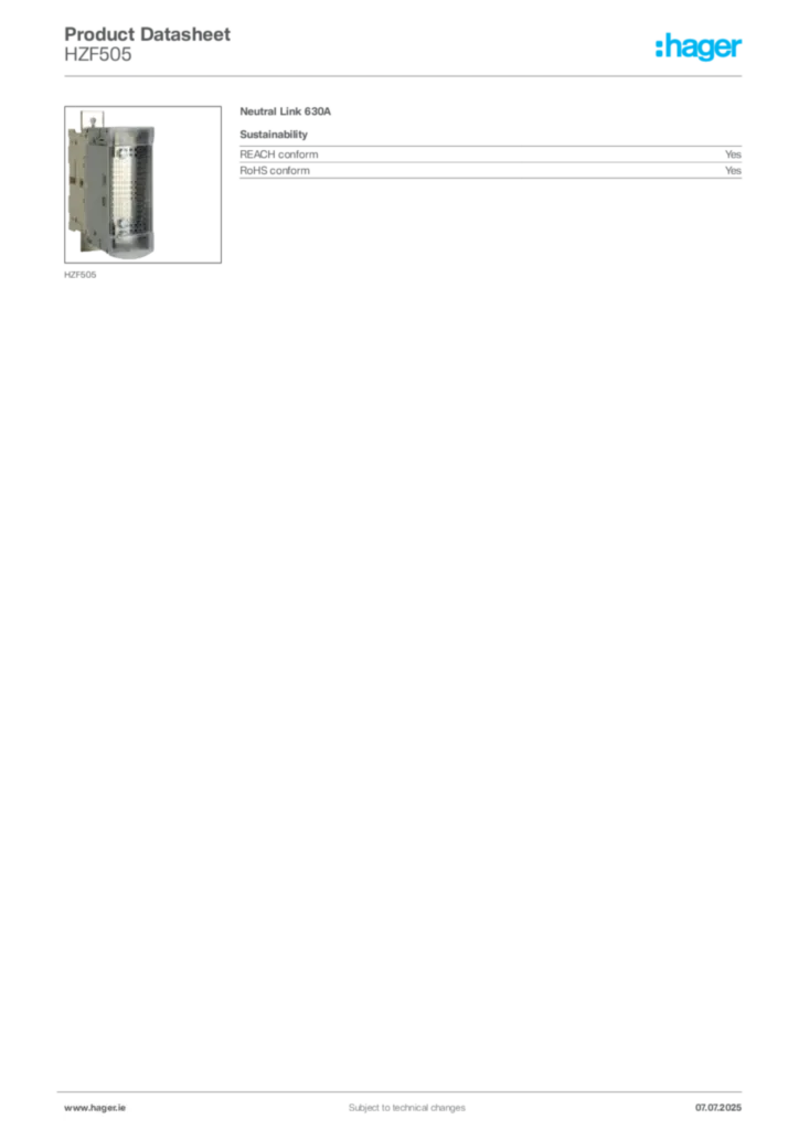 Image Hager Product data sheet HZF505  | Hager