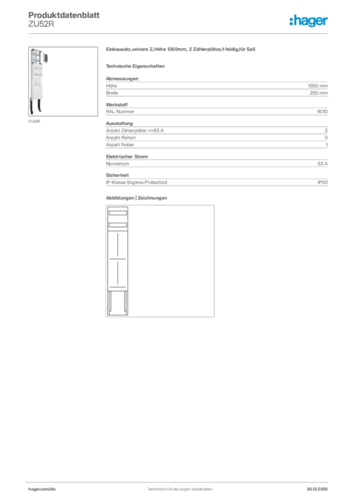 Bild Hager Produktdatenblatt ZU52R | Hager Deutschland
