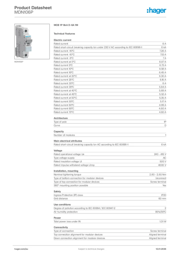Image Hager Product data sheet MDN106P  | Hager Australia