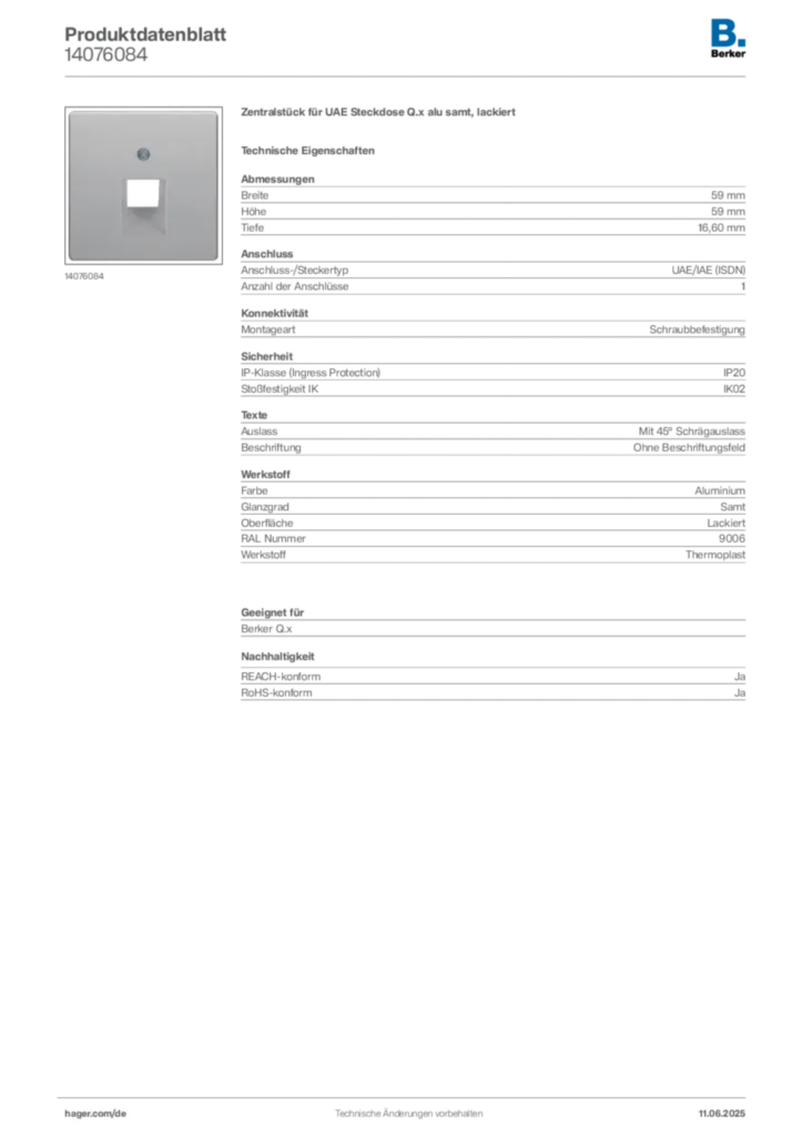 Bild Berker Produktdatenblatt 14076084 | Hager Deutschland