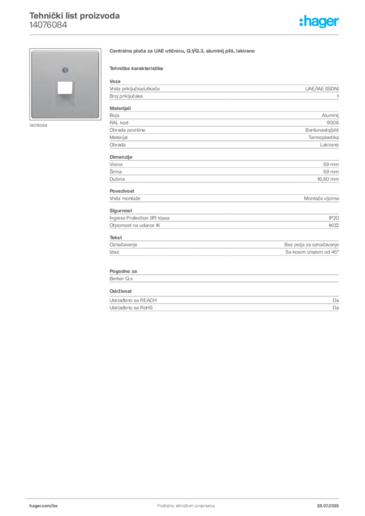 Slika Hager Product data sheet 14076084  | Hager