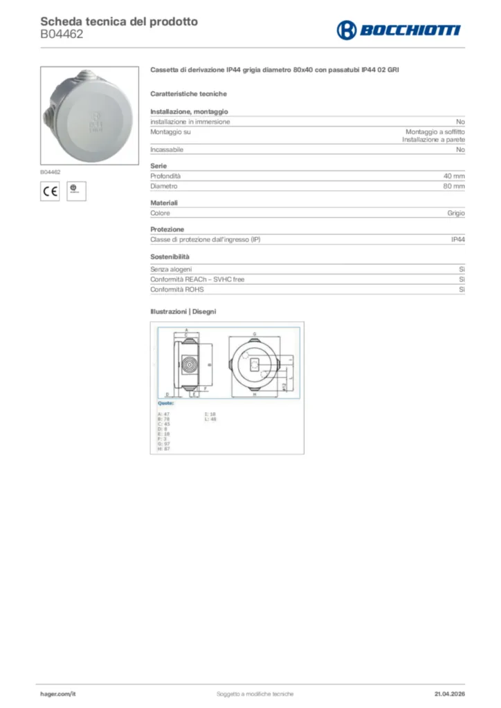 Immagine Bocchiotti Scheda tecnica del prodotto B04462 | Hager Italia